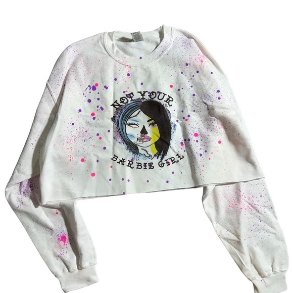 453-White and pink paint splatter cropped sweatshirt with "not your barbie girl" - Picture 1 of 5